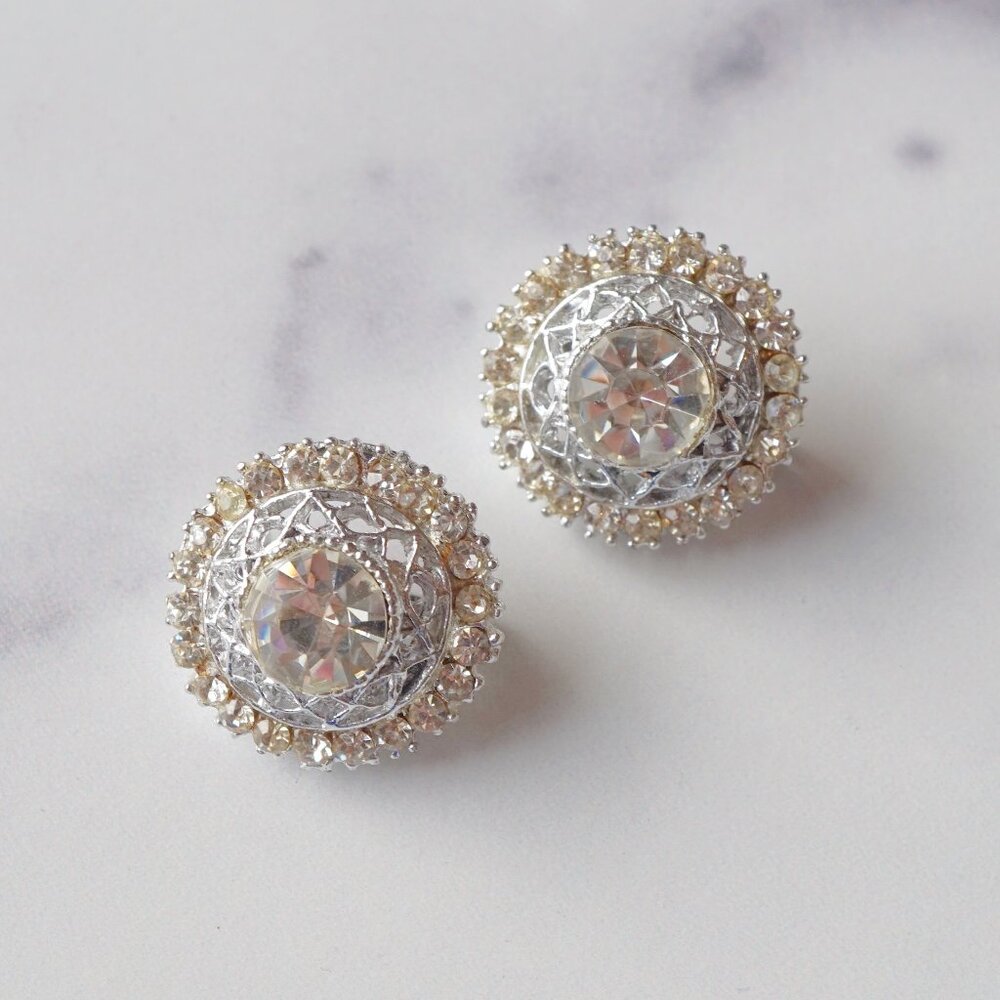 1980s Silver-Tone Rhinestone Brooch Pair, Dainty Round Pins (Set of 2)